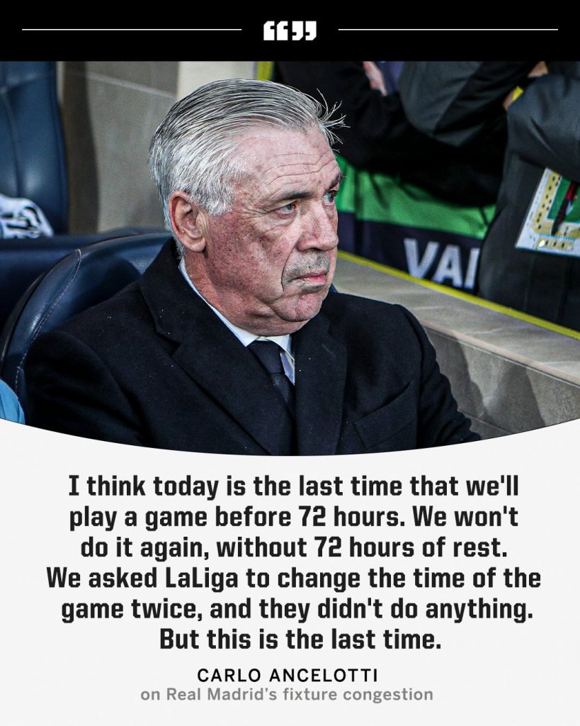 Real Madrid Manager Carlo Ancelotti's views on lack of rest. 