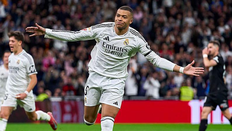 Real Madrid Star Player Kylian Mbappé celebration after opening the score from the spot.