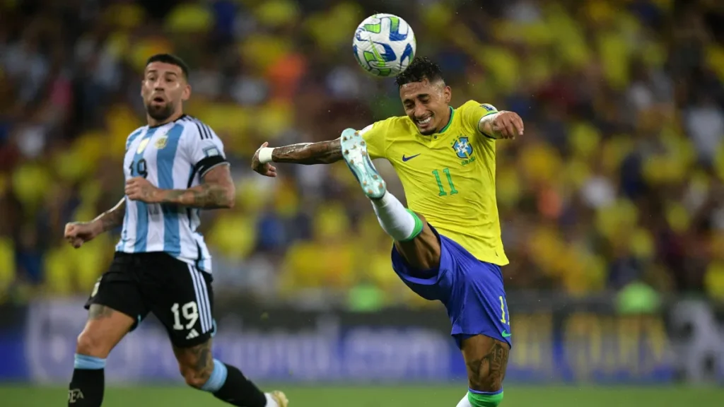 Brazil Star Forward Raphina in action againxt Argentina in World Cup Qualifier.