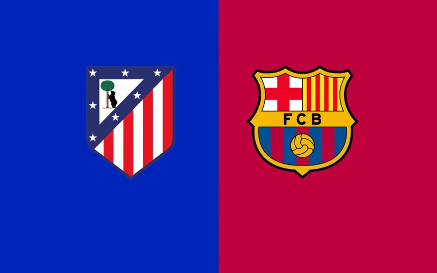 Atletico Madrid logo on the left, Barcelona logo on the right./